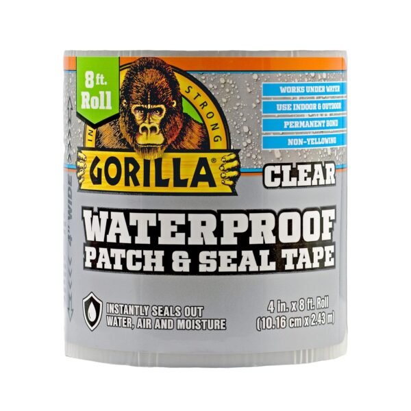 Gorilla Waterproof Patch & Seal Tape, Clear Tape, 4" x 8' (Pack of 1) - Permanent Weather Resistant Seal for Leaks and Repairs
