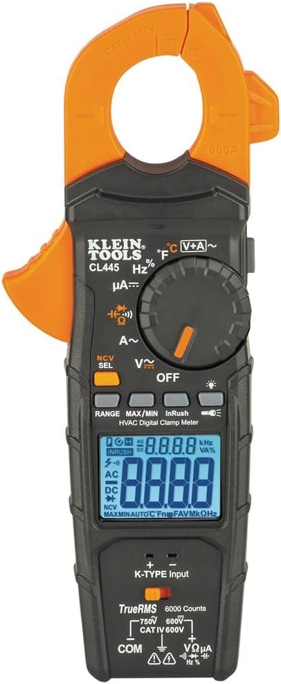 Klein Tools CL445 HVAC Clamp Meter, Auto-Ranging TRMS, NCVT, Measures Voltage, Current, Temperature, Micro Amps, InRush and More