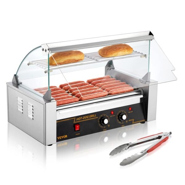 VEVOR Hot Dog Roller 7 Rollers 18 Hot Dogs Capacity 1050W Stainless Sausage Grill Cooker Machine with Dual Temp Control Glass Hood Acrylic Cover Bun Warmer Shelf Removable Oil...